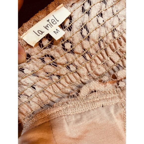 ~ Boho Sundress Le Miel Crochet Med Beachy Tan Mini Slip Dress Layered Bralette - Picture 14 of 16